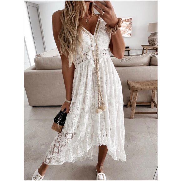 Boho Embroidered Floral Tassel Lace Cami Maxi Dress - Picture 4 of 7